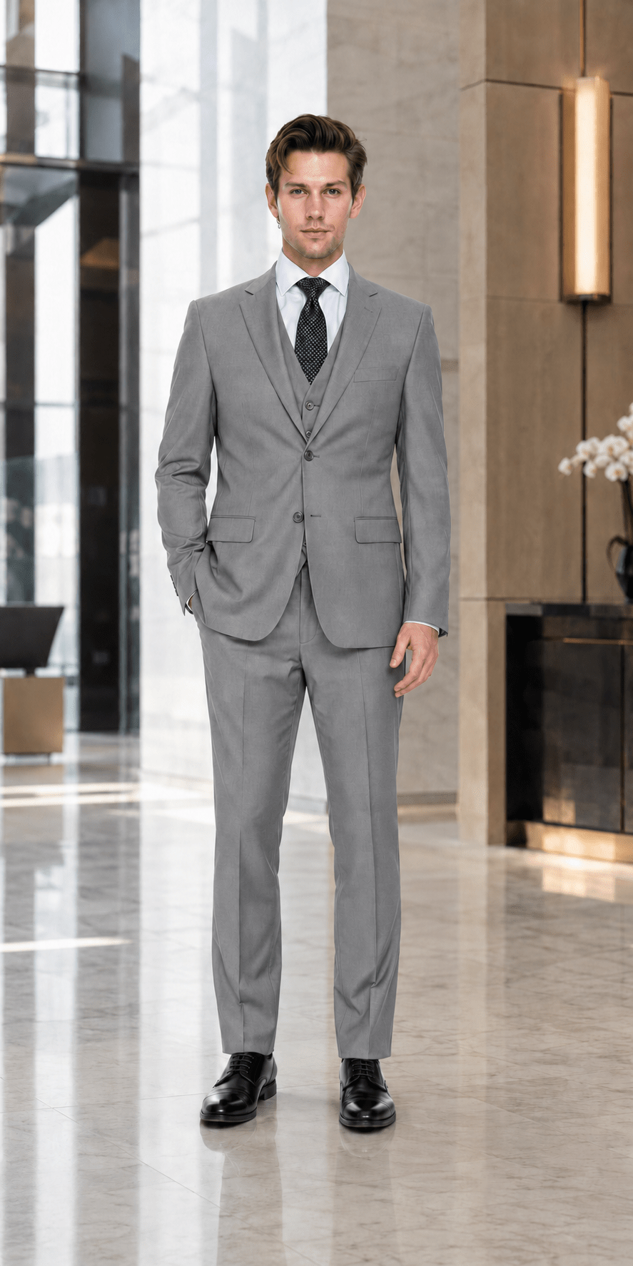 Ferera Modern Fit 3-piece light gray suit lifestyle image