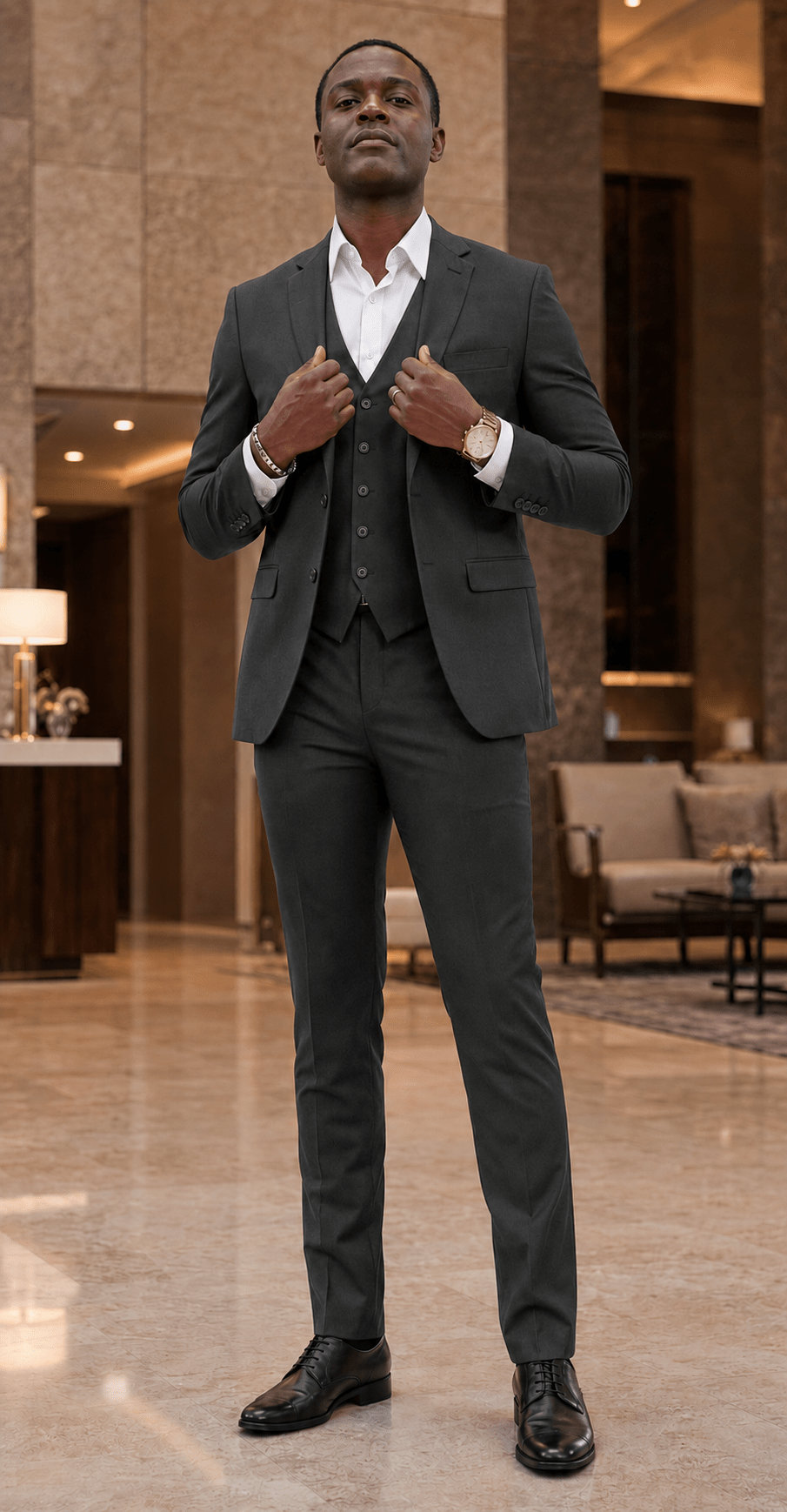 Ferera Slim Fit 3-piece dark gray suit lifestyle image