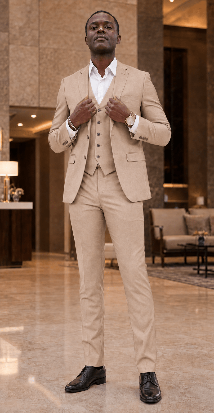 Ferera Slim Fit 3-piece tan suit lifestyle image