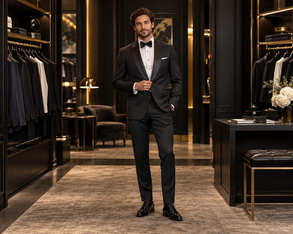 Man wearing a black tuxedo in an upscale formalwear boutique