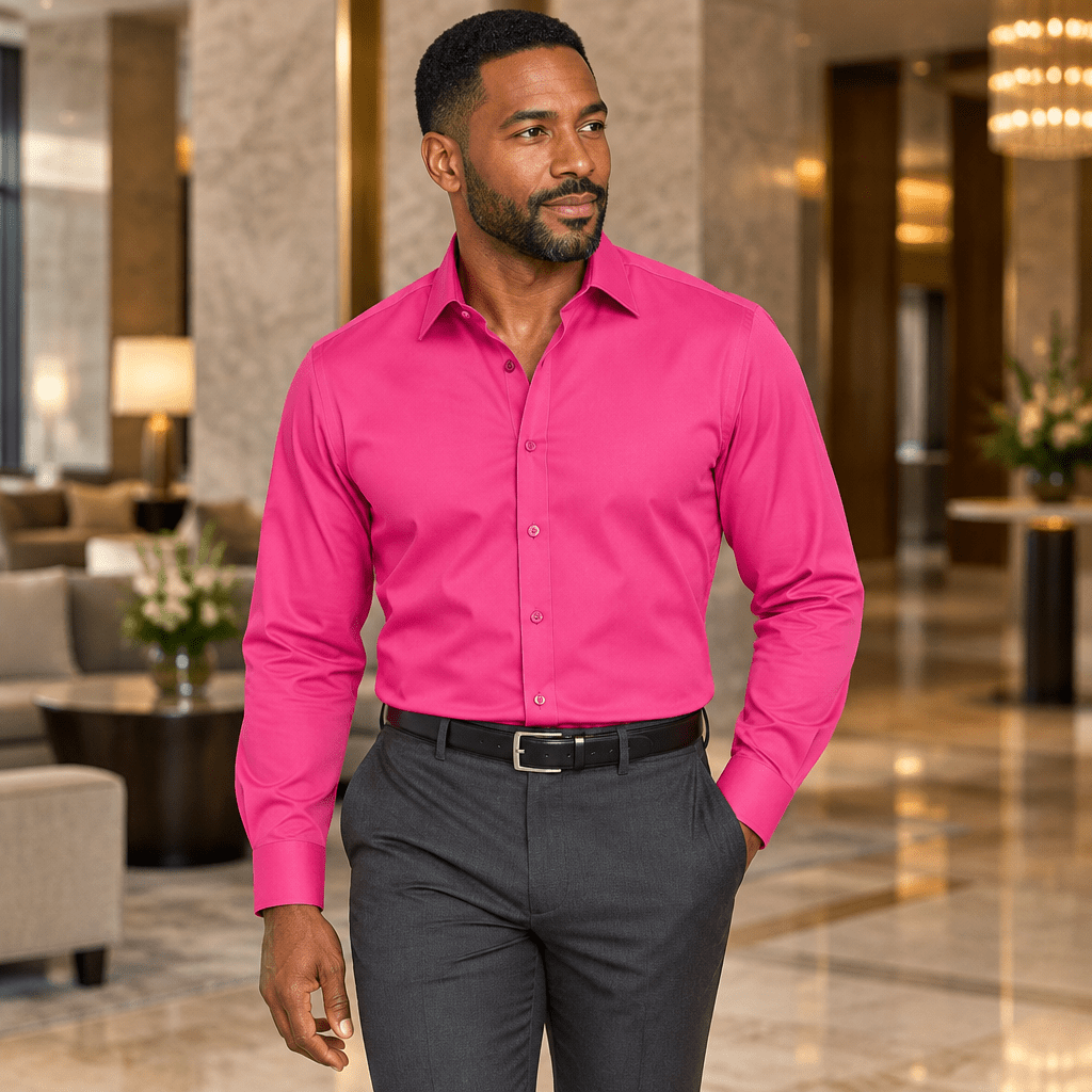 Men's Basic Dress Shirt with Convertible Cuff -Color Fuchsia - Upscale Men's Fashion