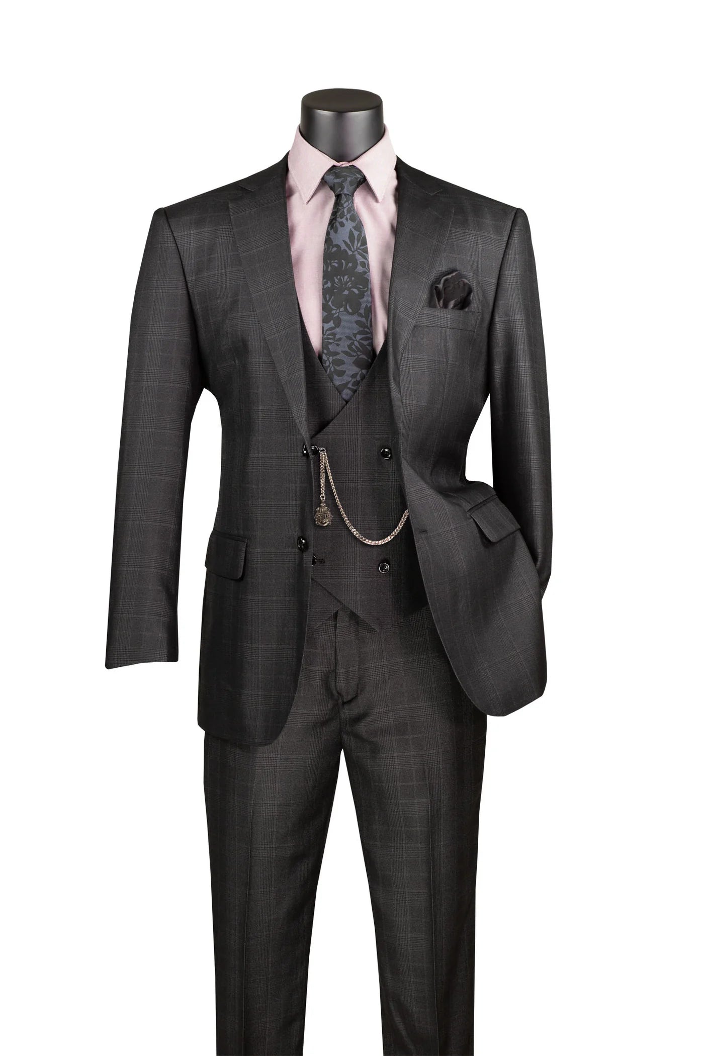 Glenmore Collection-Regular Fit Black Green Glen Plaid Three-Piece Suit