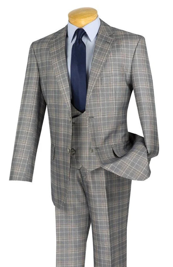 Glenmore Collection-Regular Fit Gray Glen Plaid Three-Piece Suit