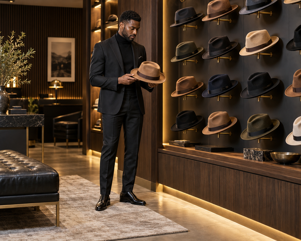 Man selecting a fedora in an upscale hat shop
