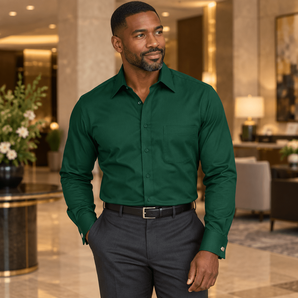Men's Basic Dress Shirt with Convertible Cuff -Color Hunter Green - Upscale Men's Fashion