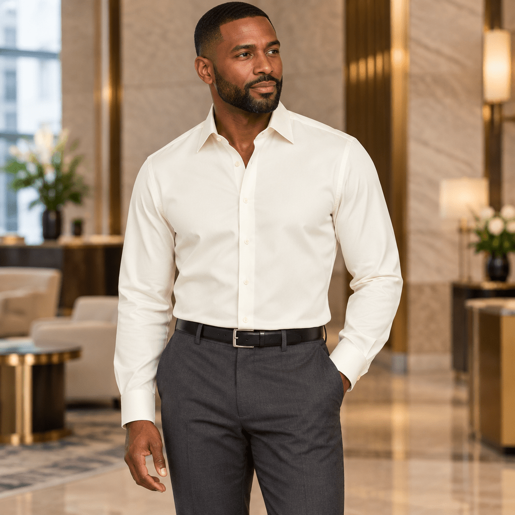 Men's Basic Dress Shirt with Convertible Cuff -Color Ivory - Upscale Men's Fashion