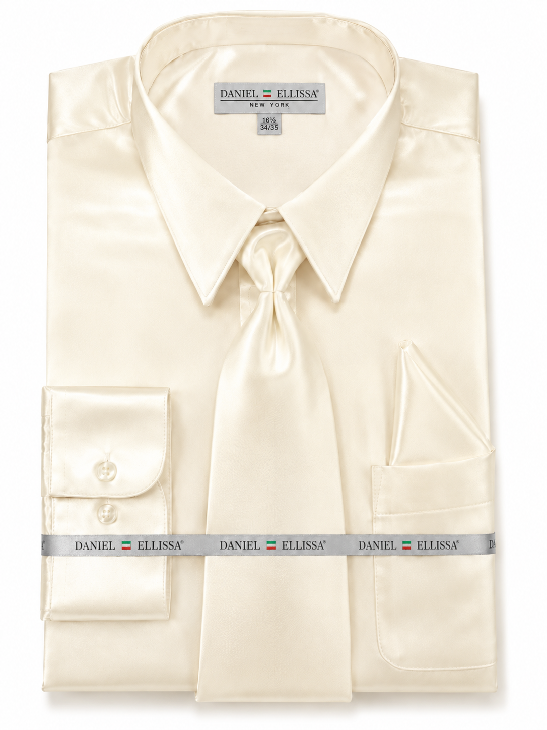 Ivory Satin Dress Shirt Set with Matching Tie & Pocket Square
