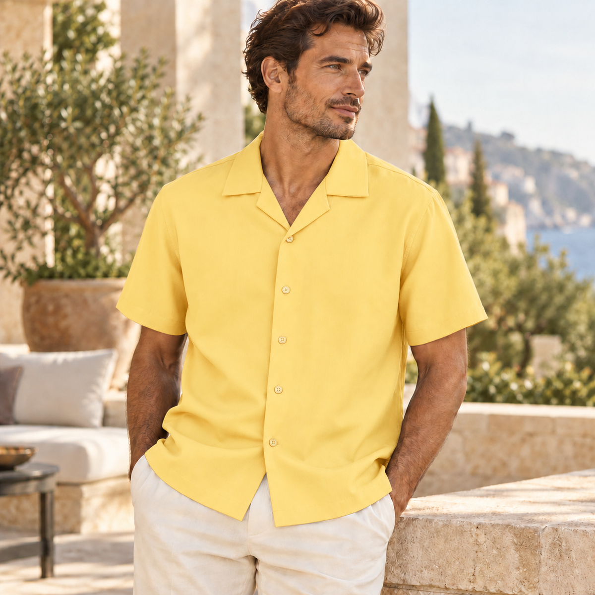 Banana Cream Regular Fit Short Sleeve Crepe Camp Collar Shirt