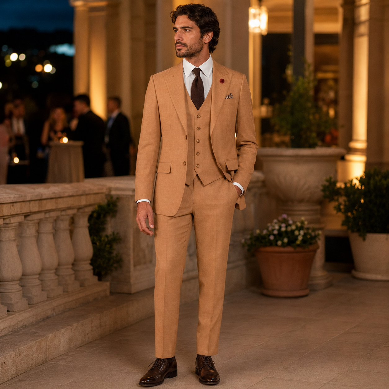 Light Amber three-piece suit worn at an upscale evening event