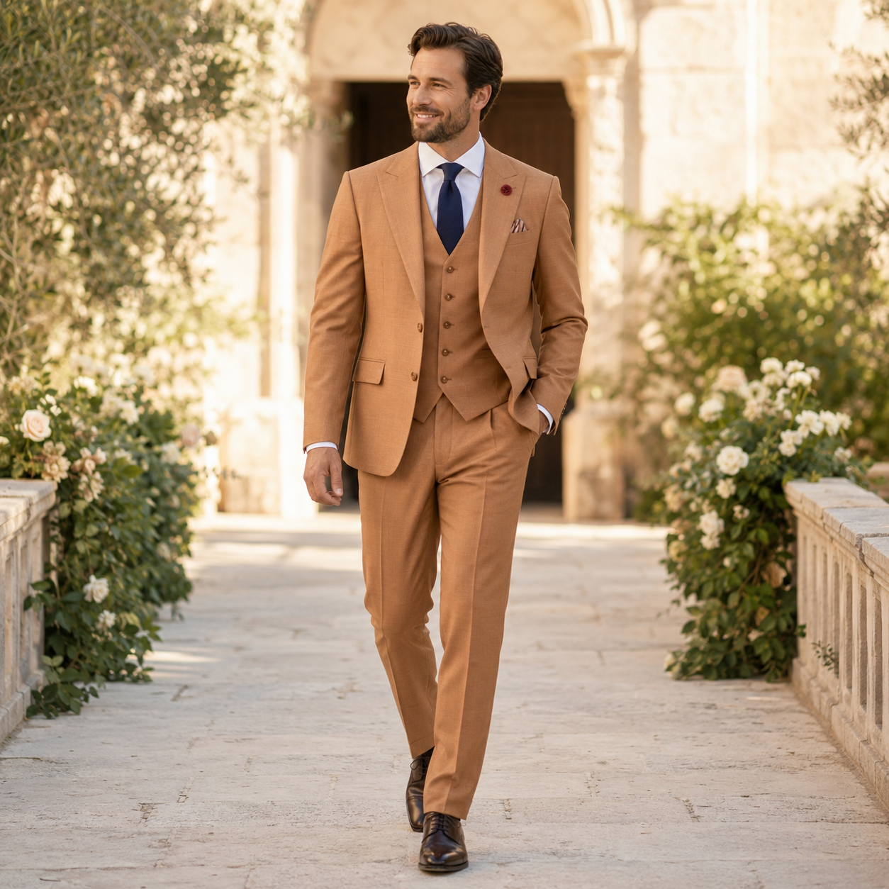 Light Amber three-piece suit worn at an outdoor wedding venue