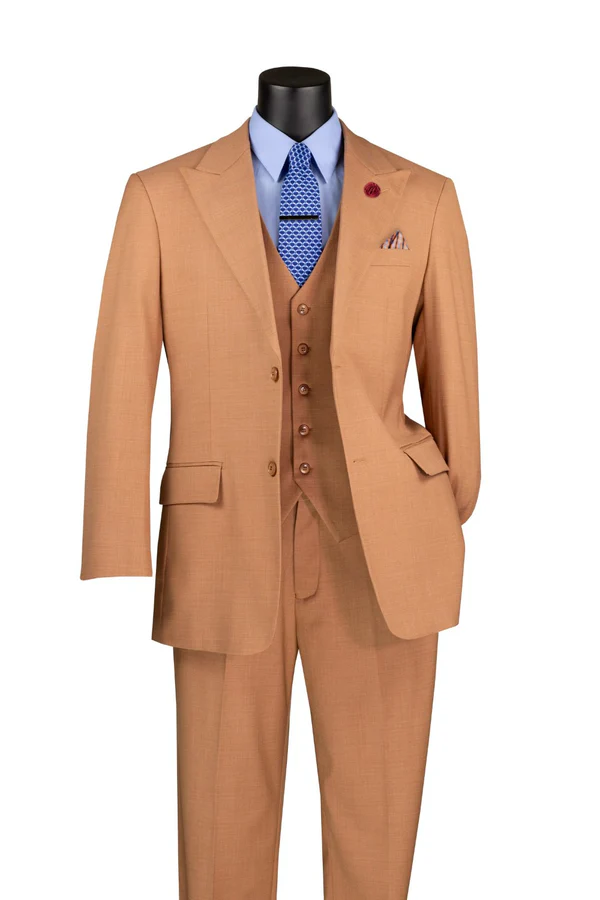 Light Amber textured regular fit three-piece suit with peak lapel and matching vest