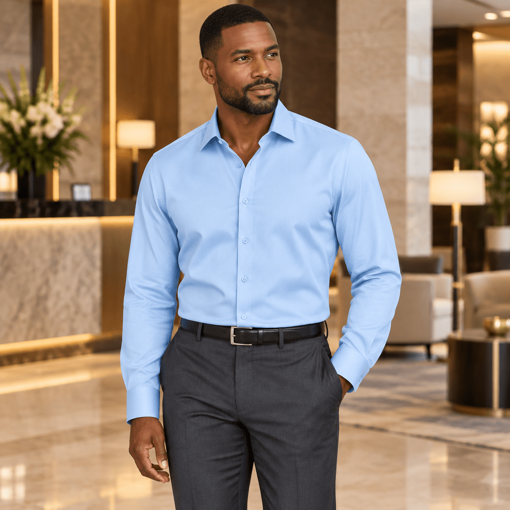 Men's Basic Dress Shirt with Convertible Cuff -Color Light Blue - Upscale Men's Fashion