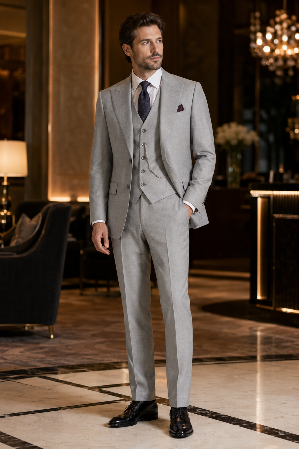 Light gray Bellavere three-piece suit evening event look