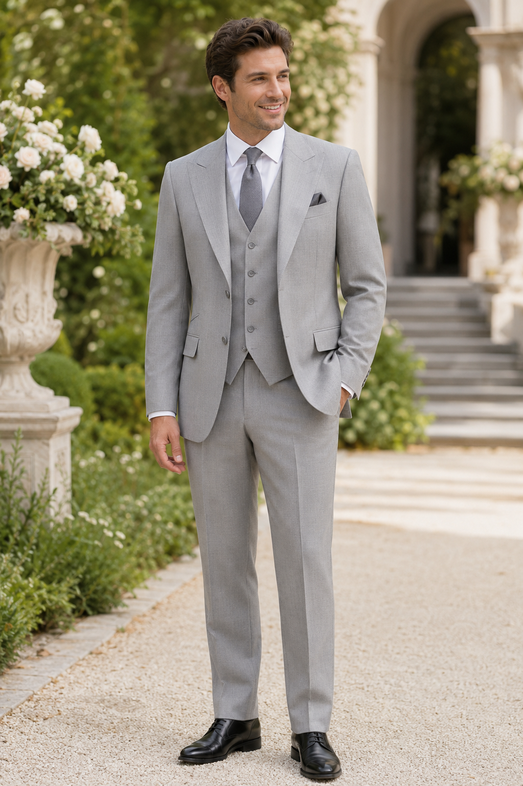 Light gray Bellavere three-piece suit outdoor wedding look