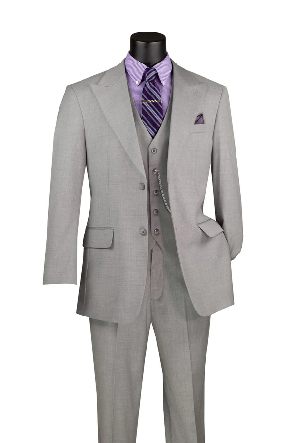 Light gray textured regular fit three-piece suit with peak lapel and vest