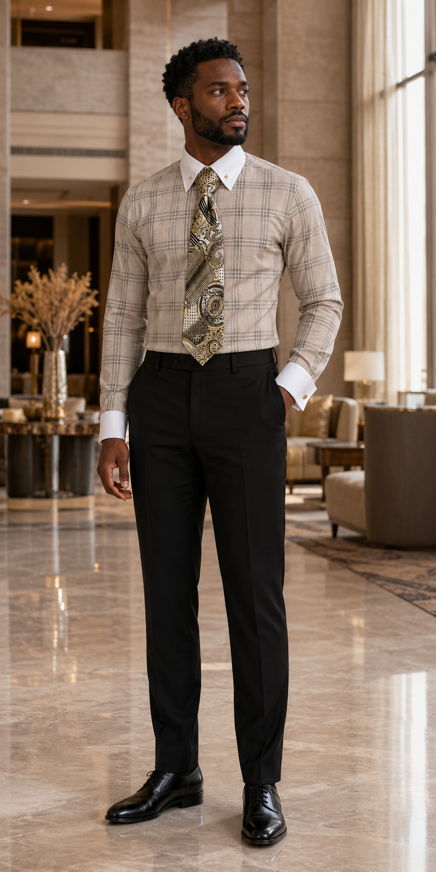 Man wearing men's Beige Glen plaid French cuff dress shirt set