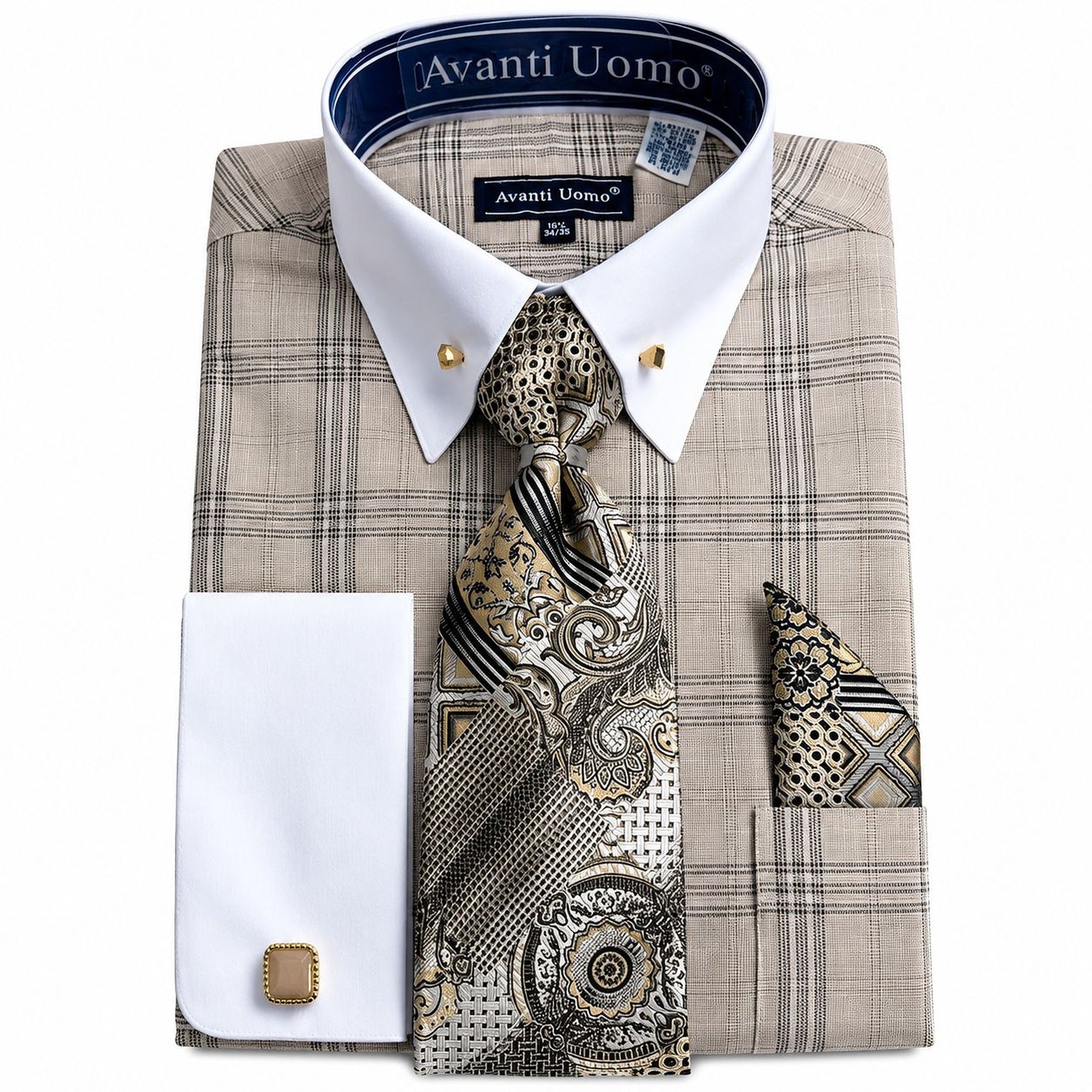 Men's Beige Glen Plaid French Cuff Dress Shirt Set