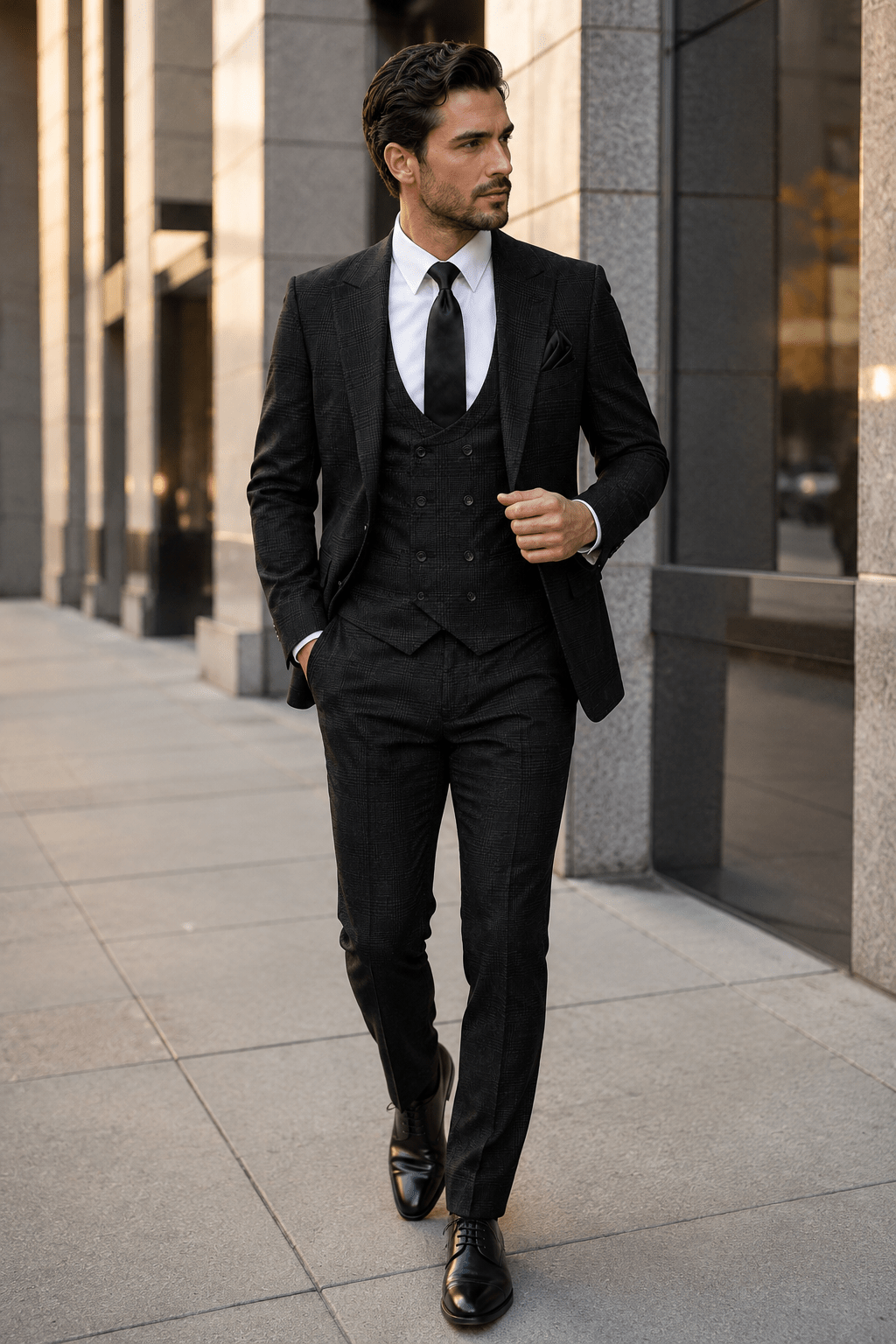 Men's Black Glen Plaid Slim Fit Stretch 3-Piece Suit - Upscale Men's Fashion