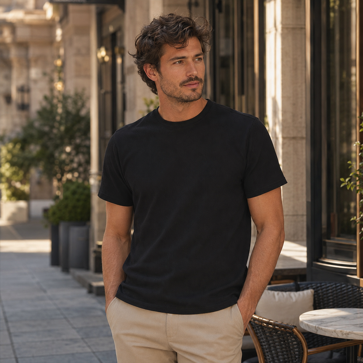 Men's black ribbed regular fit crew neck T-shirt outdoor lifestyle
