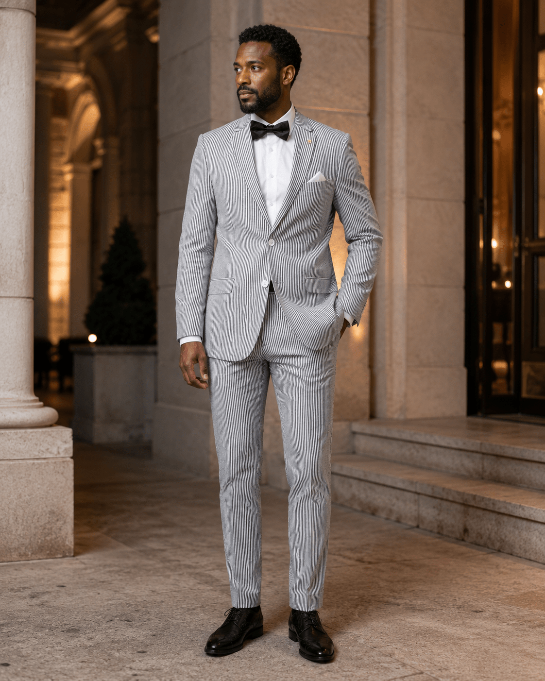 MEN'S 2PC SUMMER SEERSUCKER SLIM FIT SUIT IN BLACK PINSTRIPE - Upscale Men's Fashion