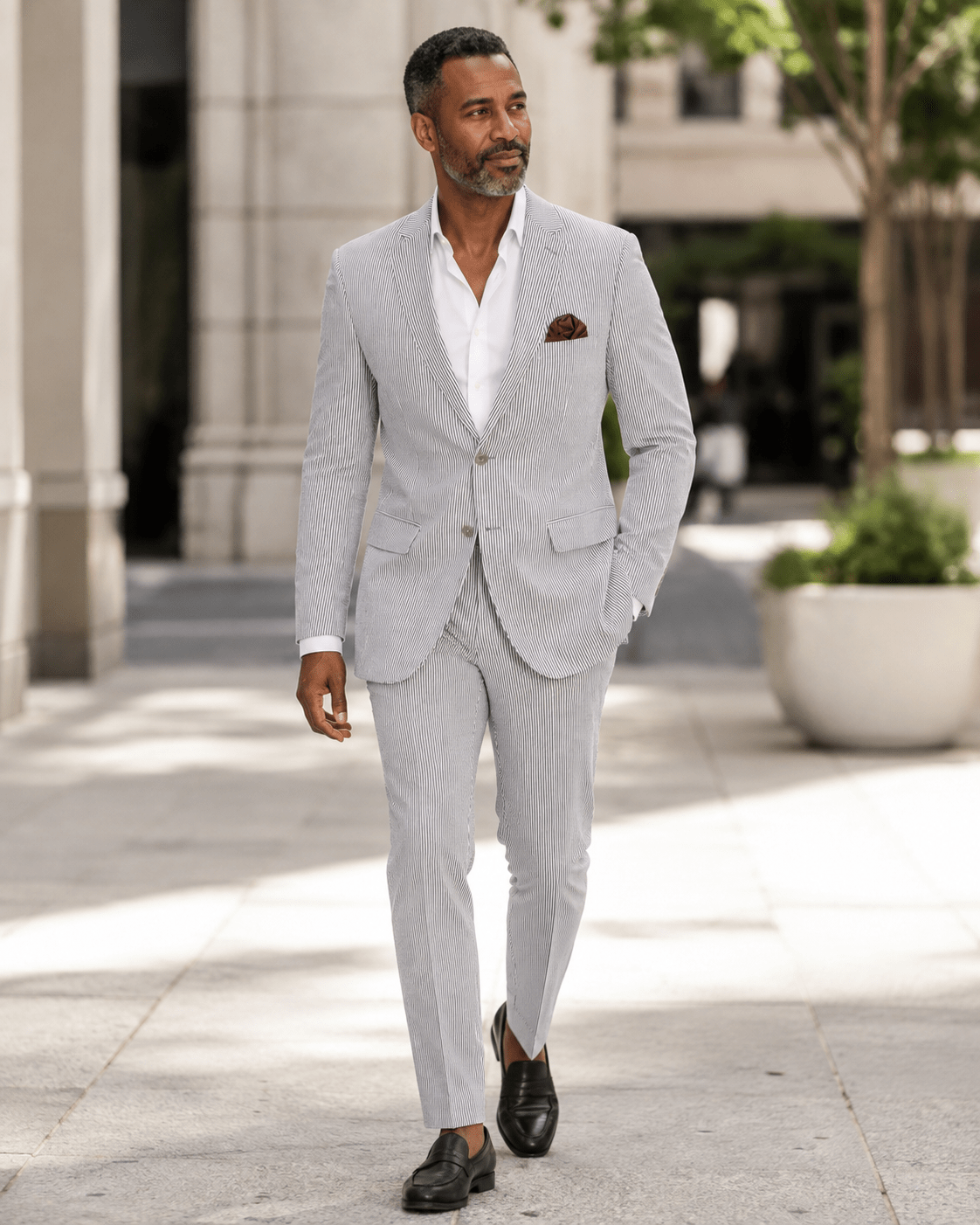 MEN'S 2PC SEERSUCKER MODERN FIT SUIT IN BLACK PINSTRIPE - Upscale Men's Fashion