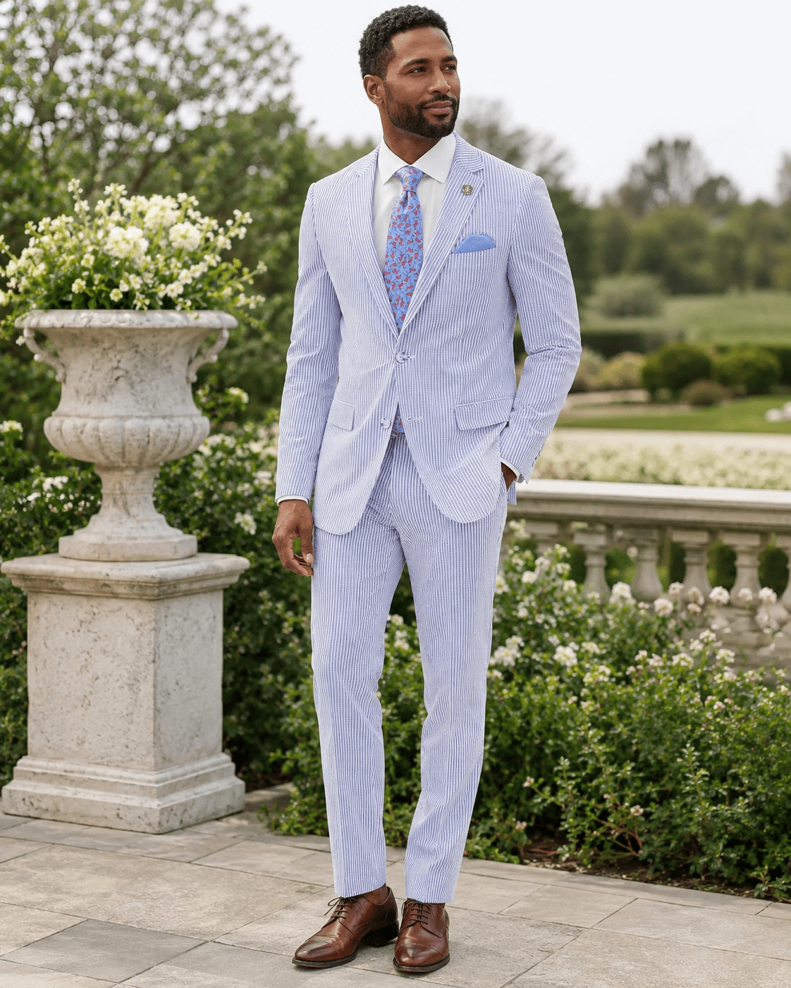 MEN'S 2PC SUMMER SEERSUCKER SLIM FIT SUIT IN BLUE PINSTRIPE - Upscale Men's Fashion