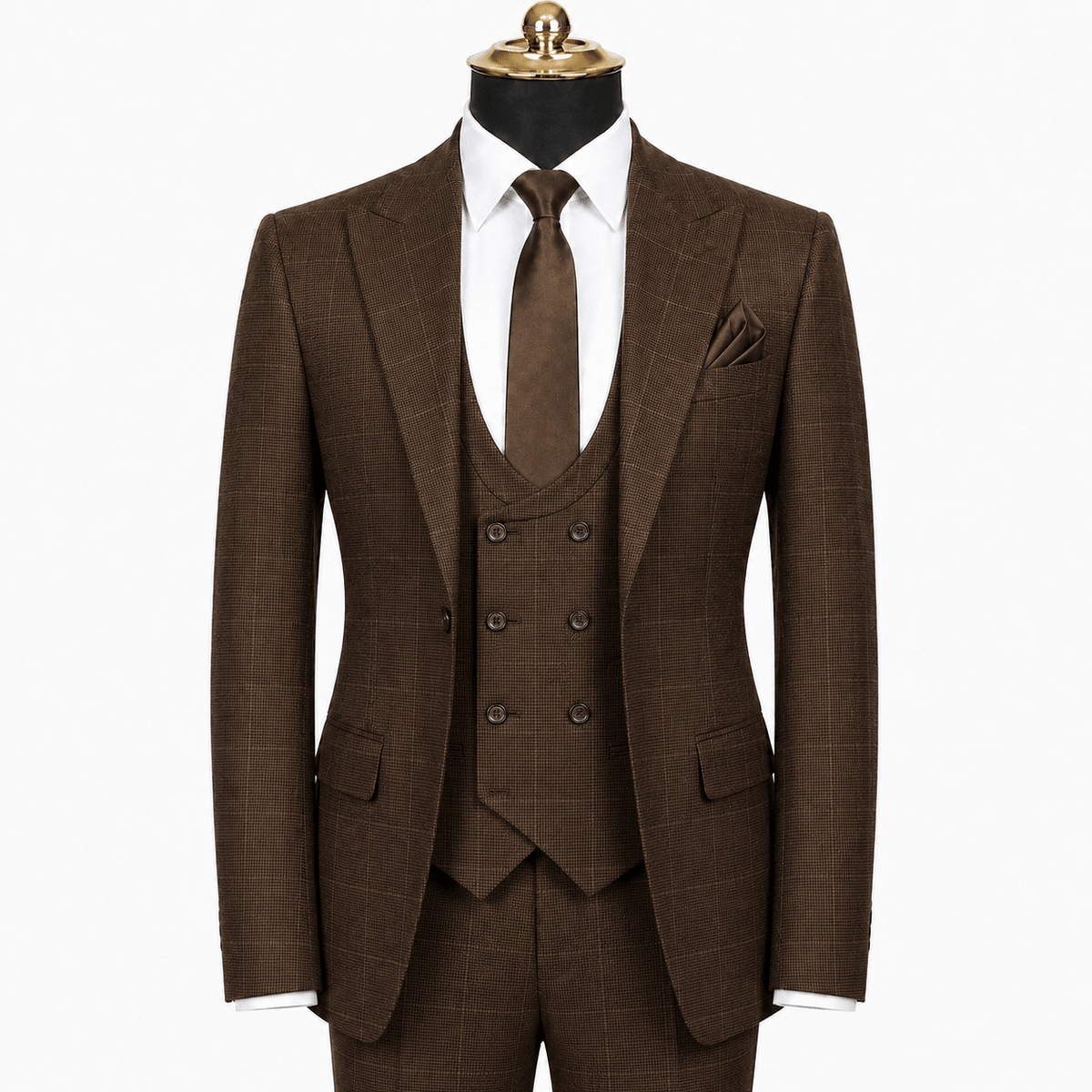 Men's Brown Glen Plaid Slim Fit Stretch 3-Piece Suit - Upscale Men's Fashion