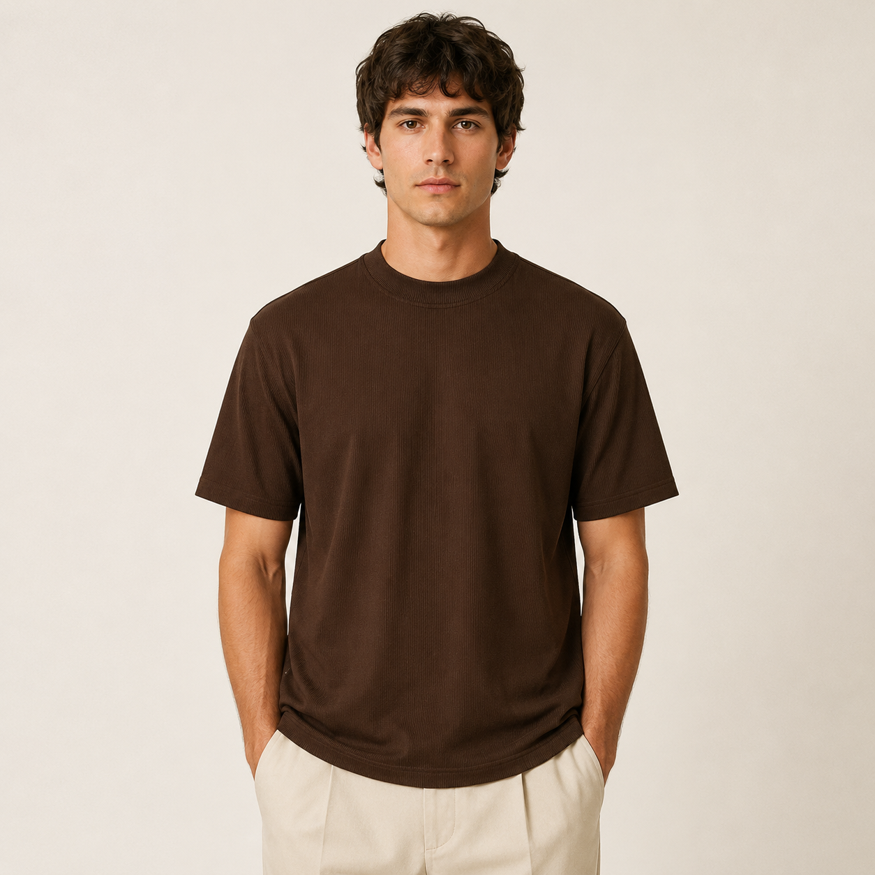 Men's brown ribbed regular fit crew neck T-shirt front studio view