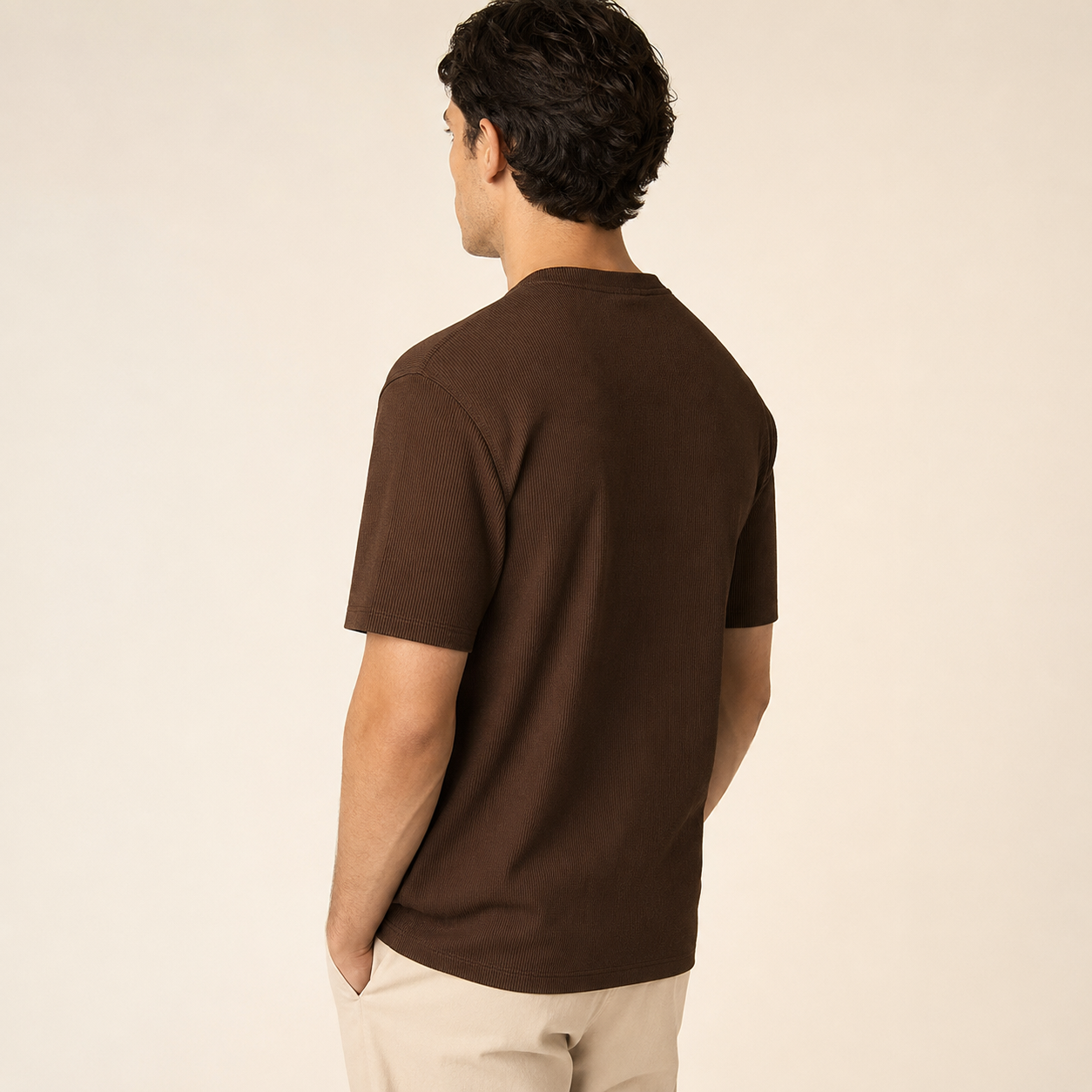 Men's brown ribbed regular fit crew neck T-shirt rear view