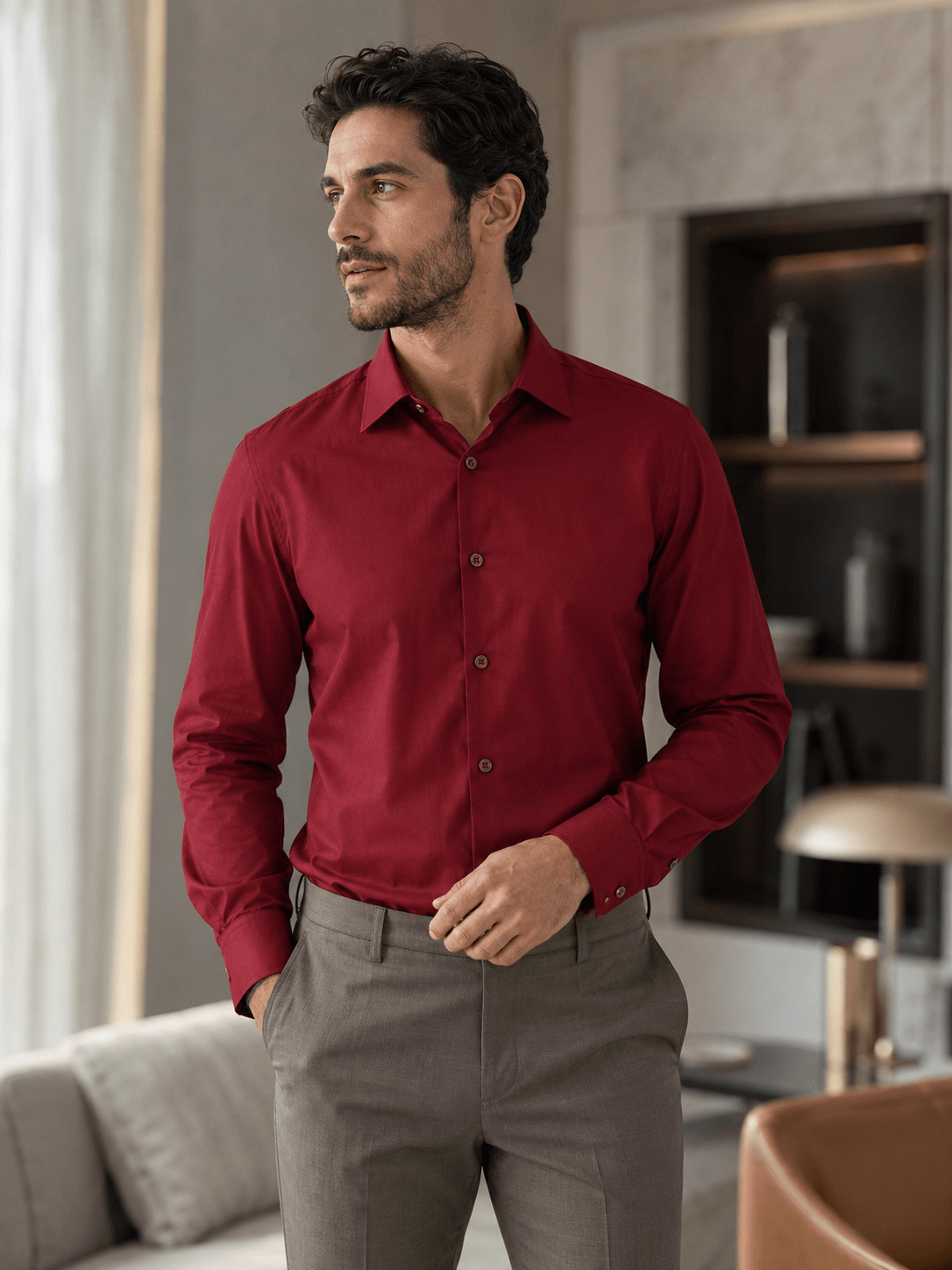 Men's Slim Fit Dress Shirt Color Burgundy - Upscale Men's Fashion