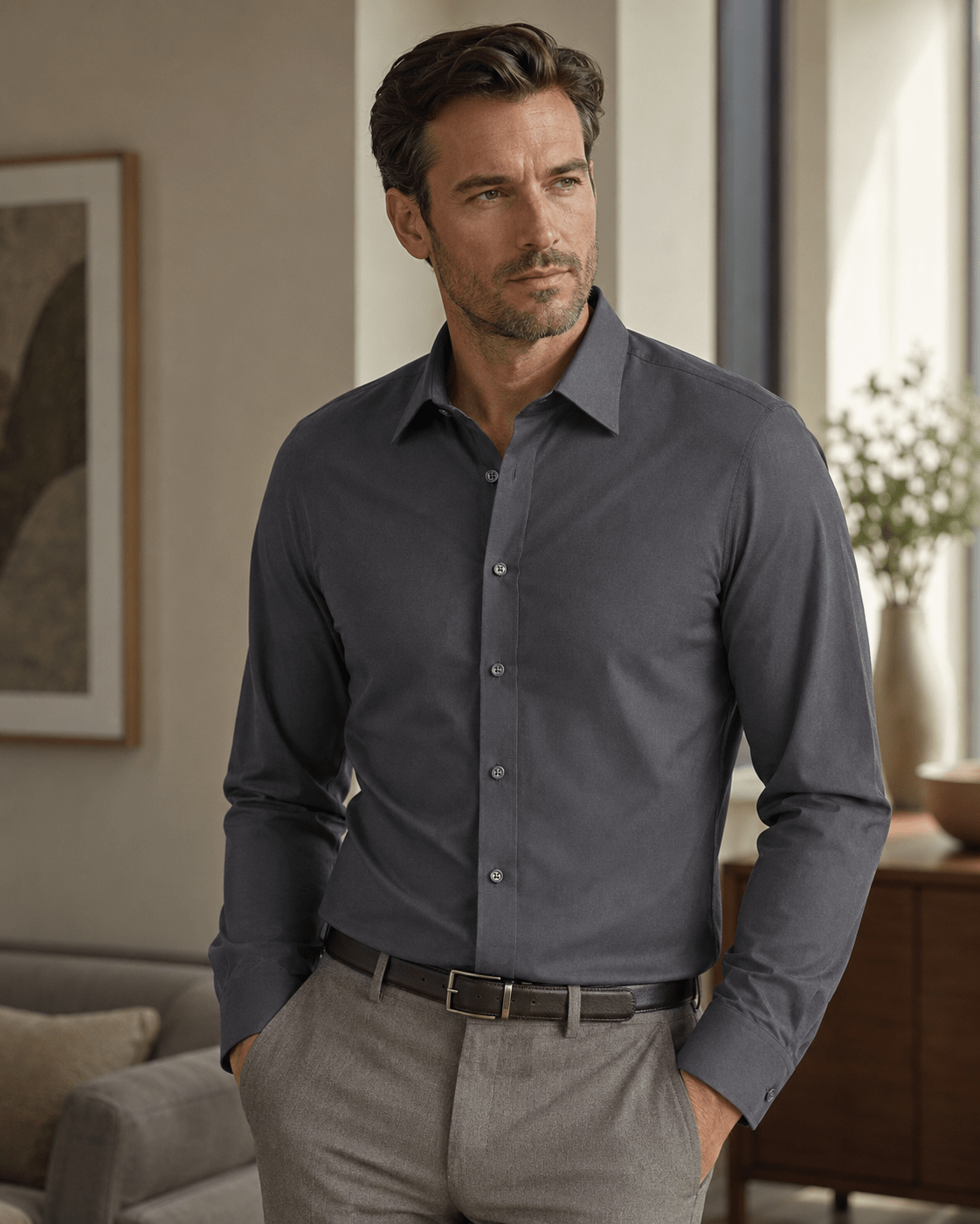 Slim Fit Dress Shirt, Charcoal - Upscale Men's Fashion