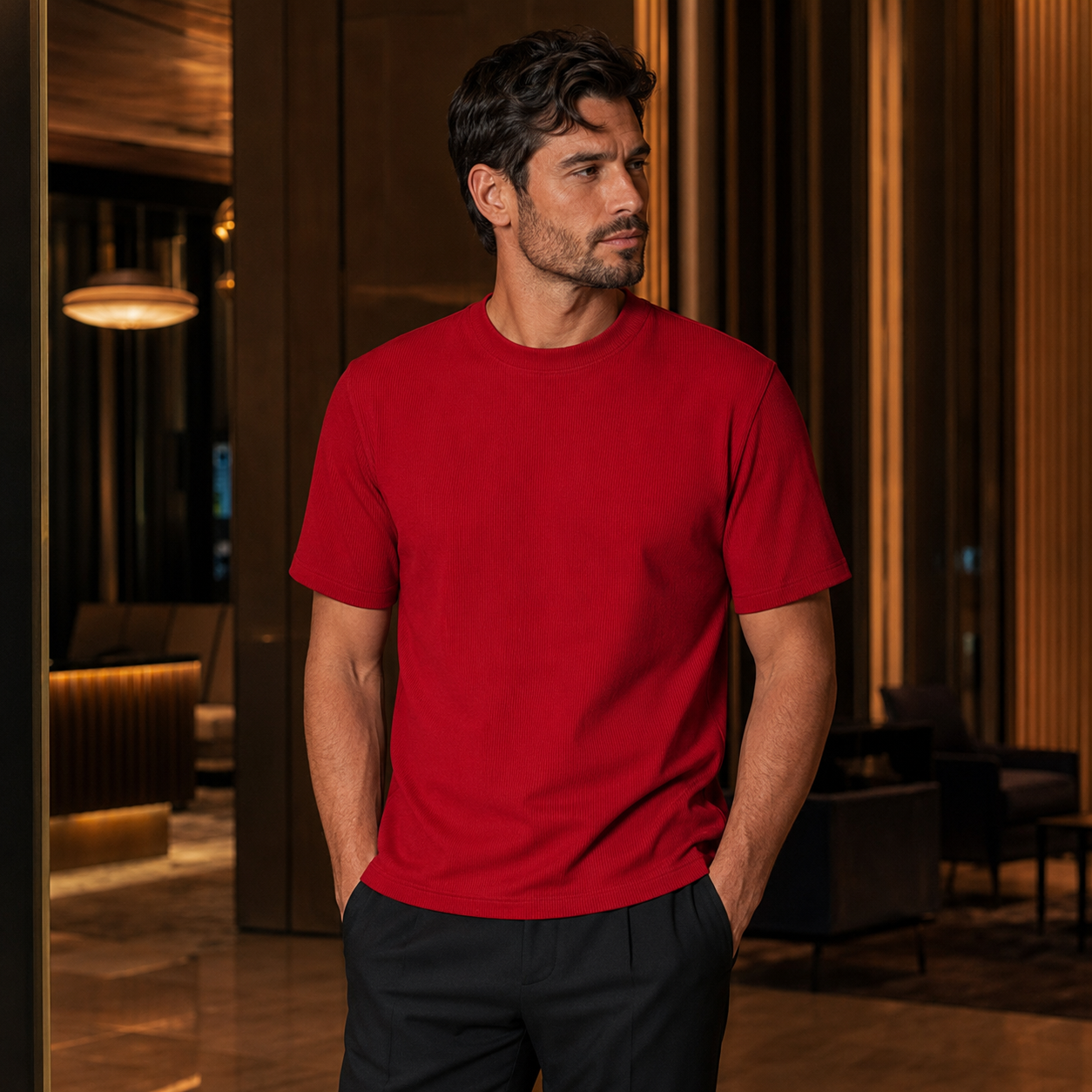 Men's chili pepper ribbed regular fit crew neck T-shirt indoor lifestyle