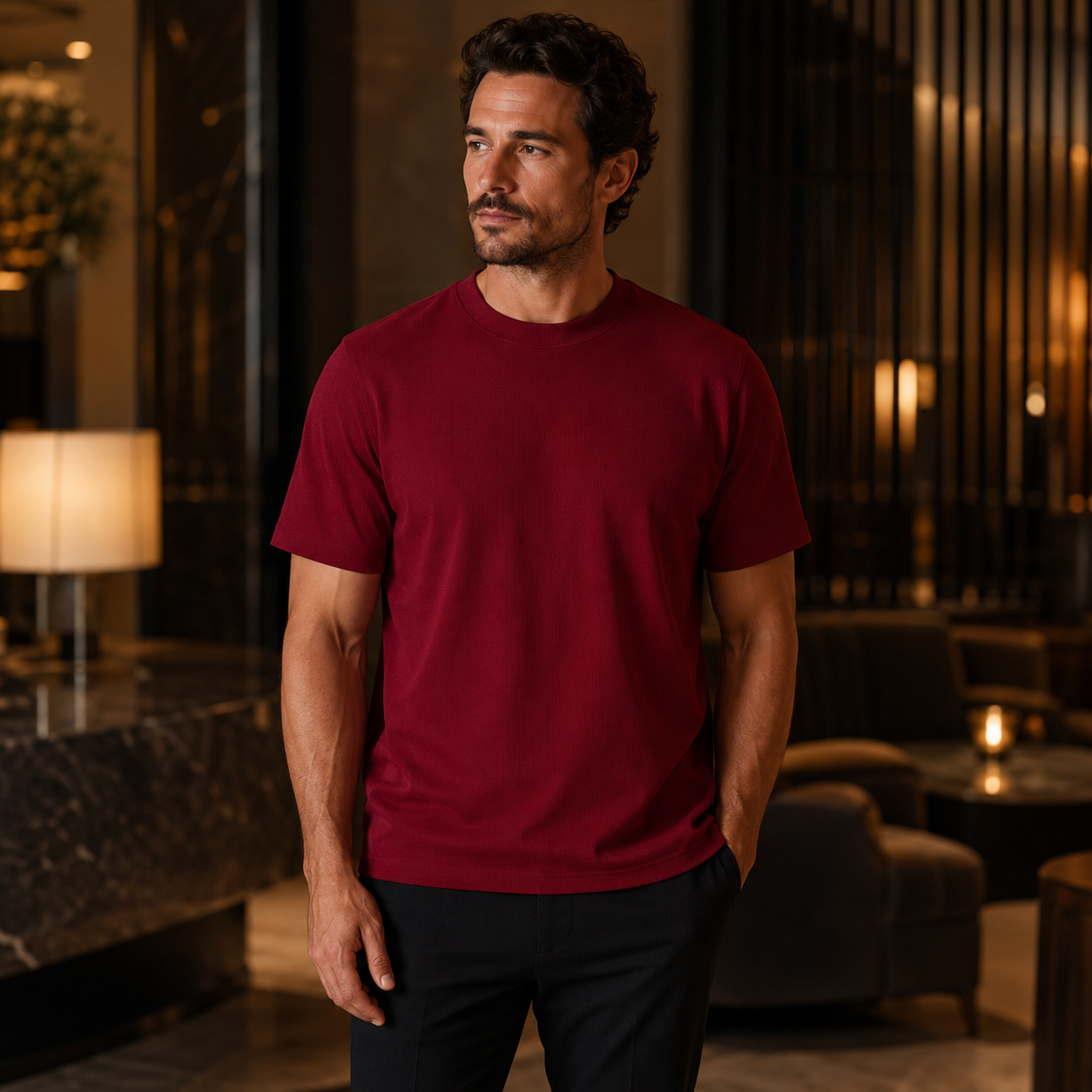 Men's deep cherry ribbed regular fit crew neck T-shirt indoor lifestyle
