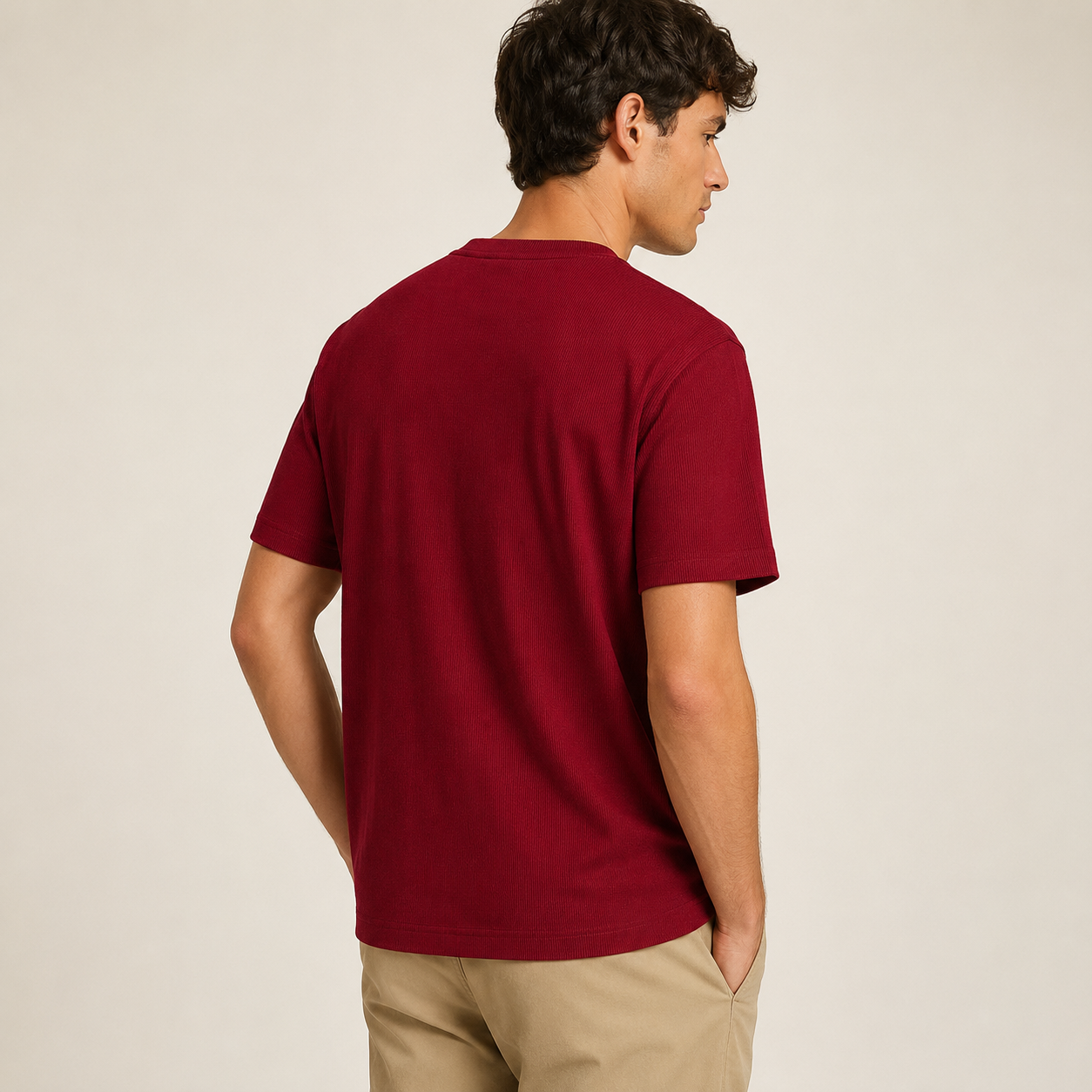 Men's deep cherry ribbed regular fit crew neck T-shirt rear view