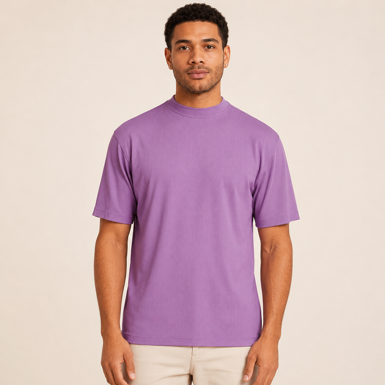 Men's lavender ribbed regular fit crew neck T-shirt front studio view