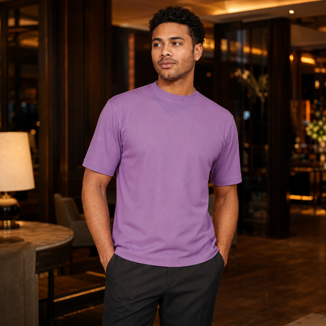 Men's lavender ribbed regular fit crew neck T-shirt indoor lifestyle