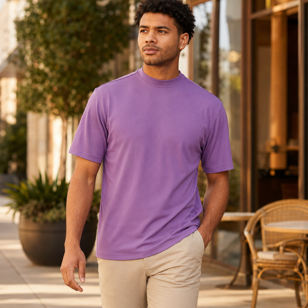 Men's lavender ribbed regular fit crew neck T-shirt outdoor lifestyle