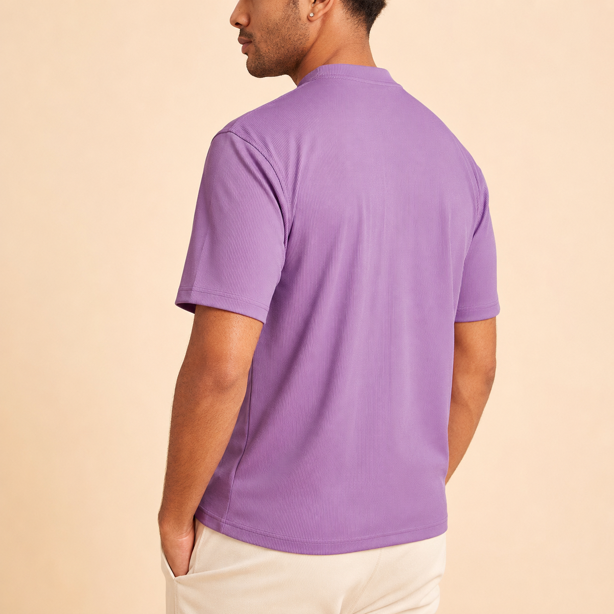 Men's lavender ribbed regular fit crew neck T-shirt rear view