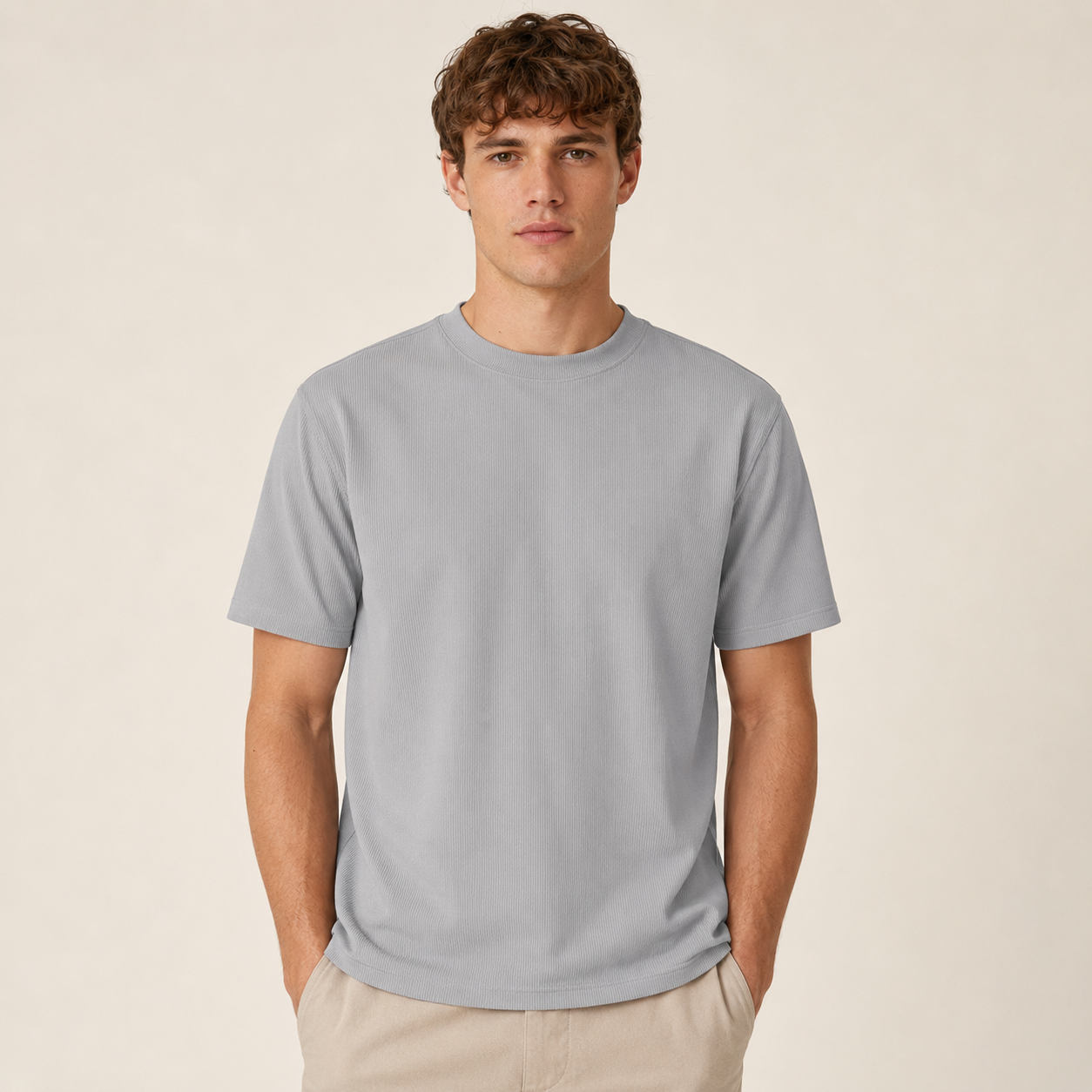 Men's light gray ribbed regular fit crew neck T-shirt front studio view
