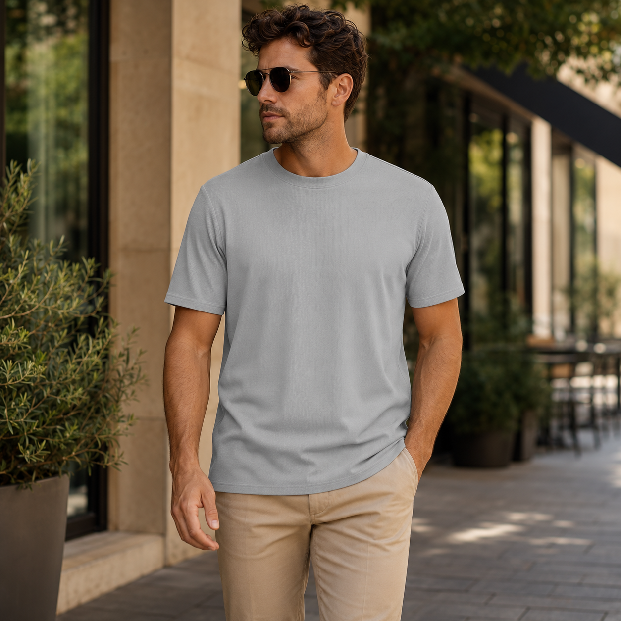 Men's light gray ribbed regular fit crew neck T-shirt outdoor lifestyle