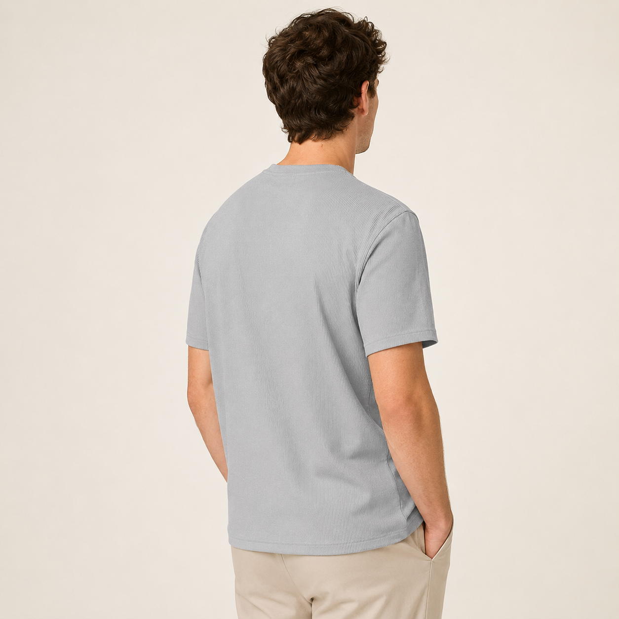 Men's light gray ribbed regular fit crew neck T-shirt rear view