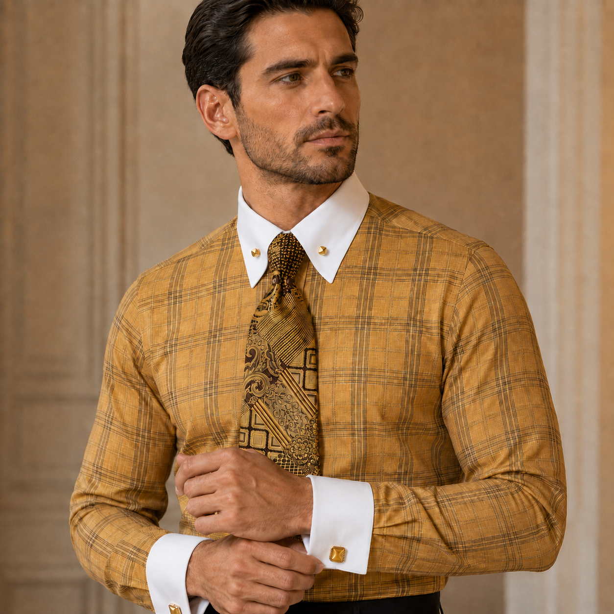 Man wearing mustard Glen plaid French cuff dress shirt with gold collar pins