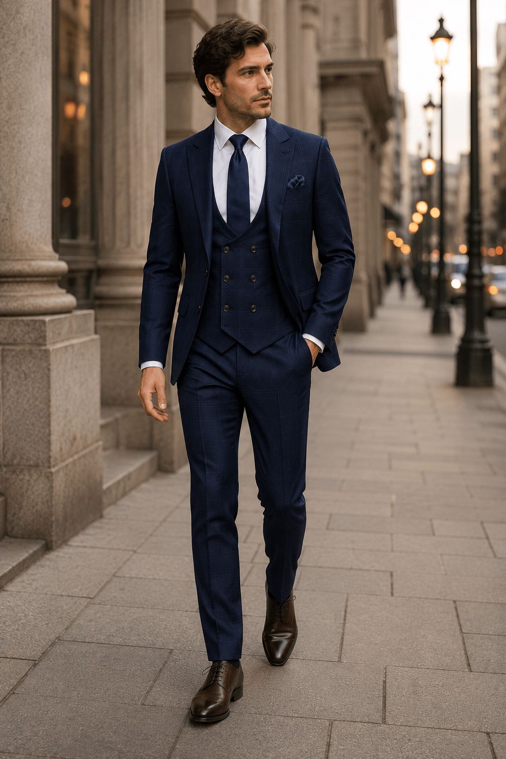 Men's Navy Glen Plaid Slim Fit Stretch 3-Piece Suit - Upscale Men's Fashion