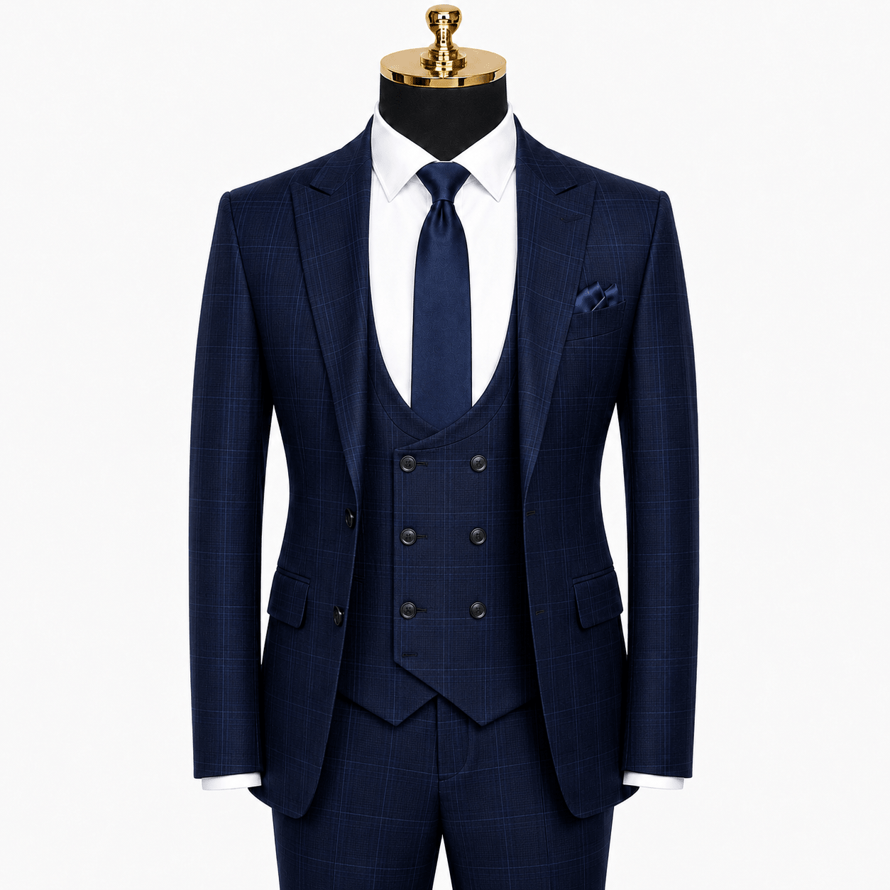 Men's Navy Glen Plaid Slim Fit Stretch 3-Piece Suit - Upscale Men's Fashion