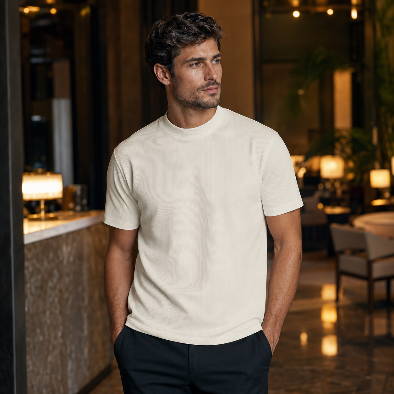 Men's off white ribbed regular fit crew neck T-shirt indoor lifestyle