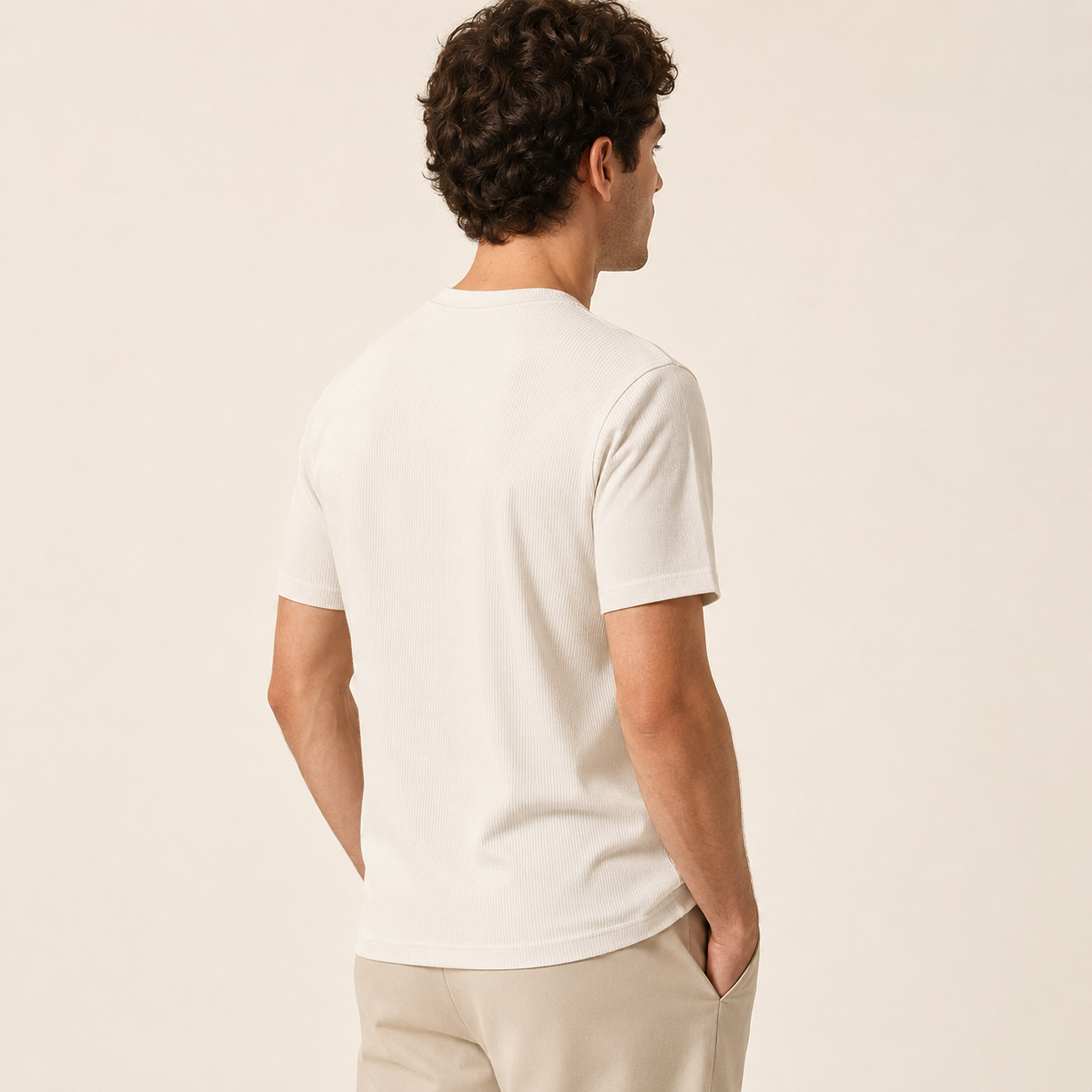 Men's off white ribbed regular fit crew neck T-shirt rear view