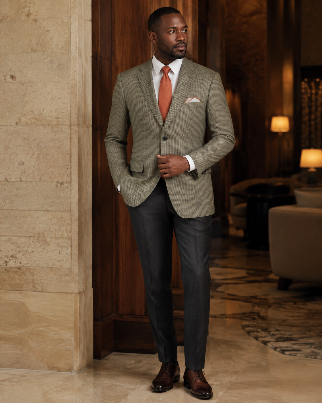 Man wearing olive houndstooth blazer with rust tie
