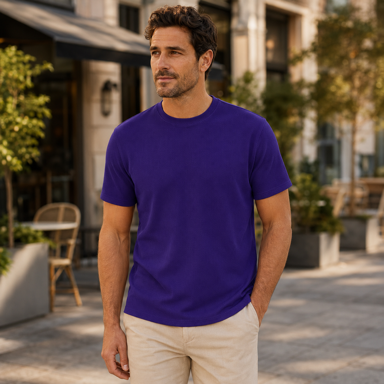 Men's purple ribbed regular fit crew neck T-shirt outdoor lifestyle