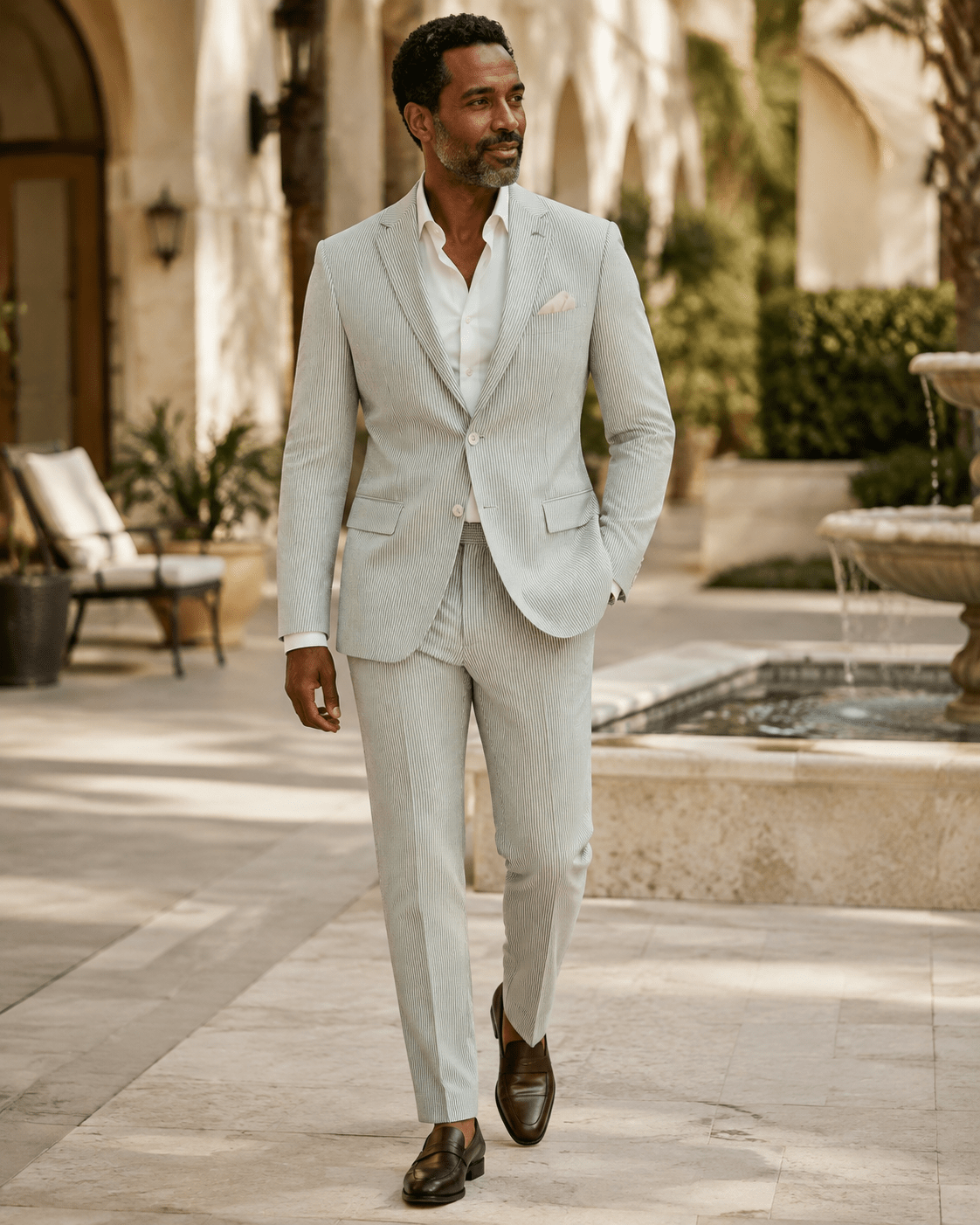 Men's 2-Piece Seersucker Modern Fit Suit in Sage Green Pinstripe - Upscale Men's Fashion
