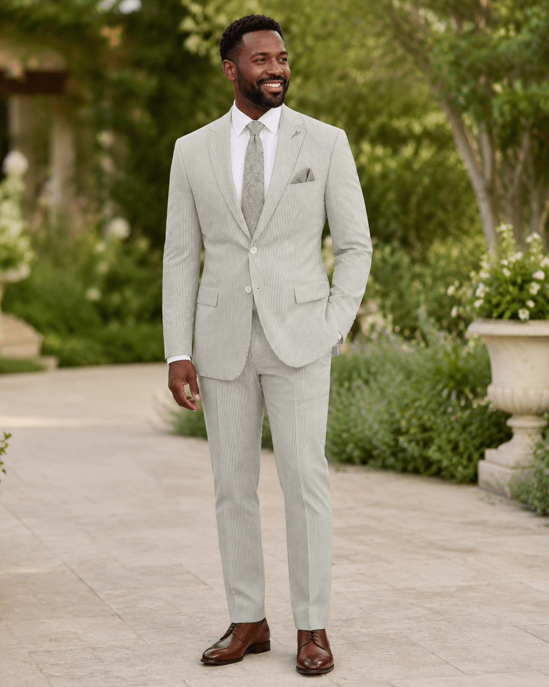 Men's 2-Piece Seersucker Modern Fit Suit in Sage Green Pinstripe - Upscale Men's Fashion